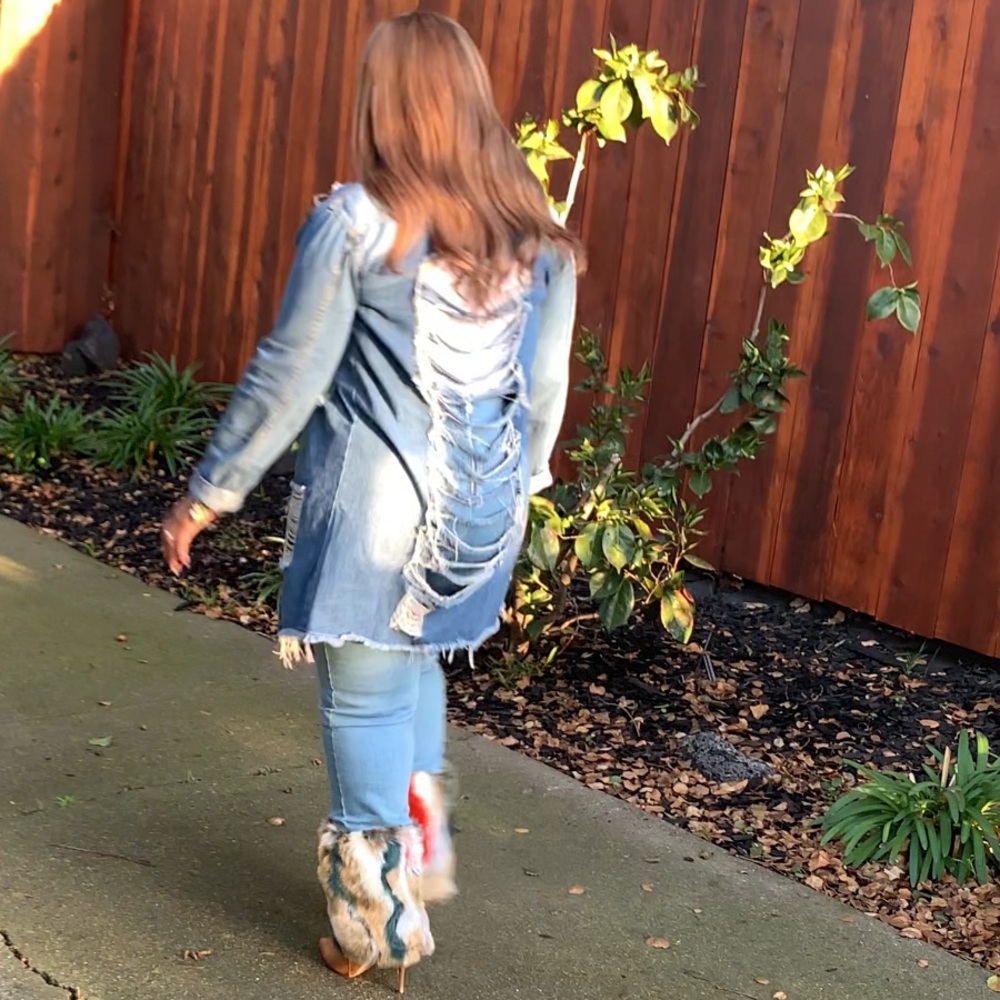 Distressed Denim Jacket Long - Jean - Picture 4 of 6